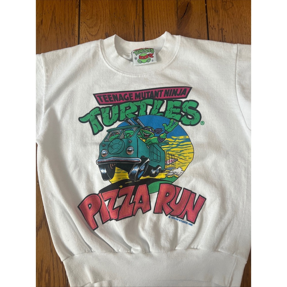 Vintage 1990 TMNT Pizza Run Sweatshirt Kids White Mirage Studios Made in USA M